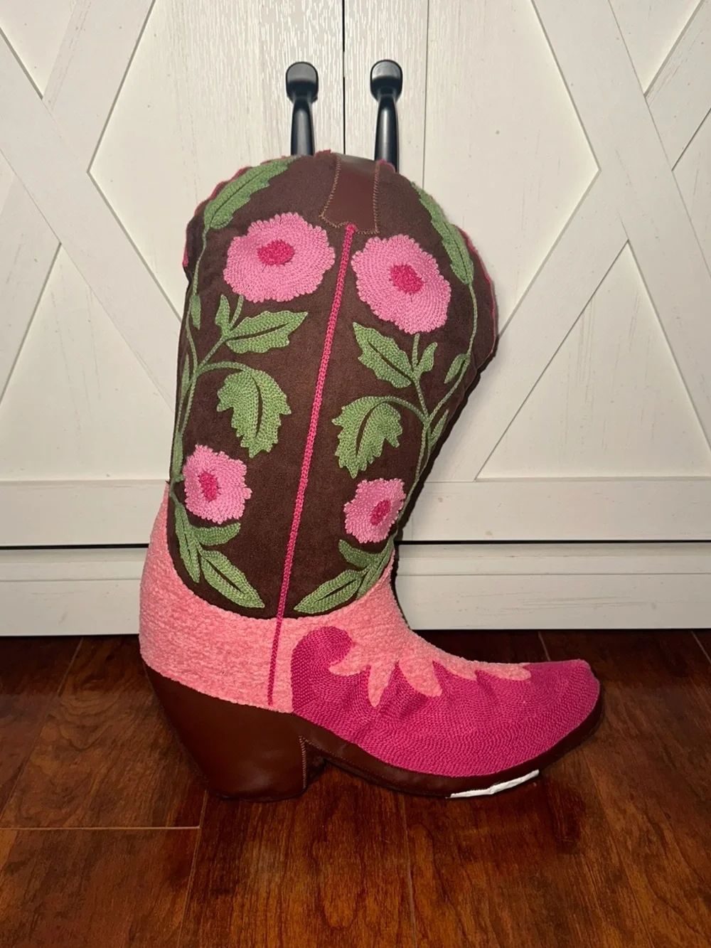 Pink Floral Embroidered Western Cowgirl Boot Decorative Pillow